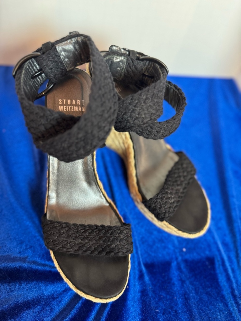 Stuart Weitzman Black Braided Espadrille Wedge Sandals with Ankle Wrap